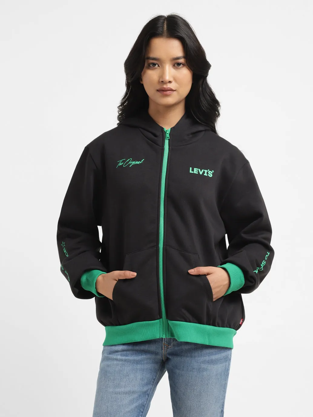 Women's Brand Logo Black Hooded Sweatshirt Urban Comfort