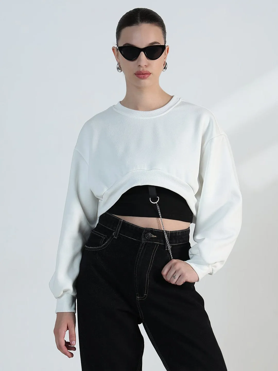 Neutral palette Satin Lining Women's White Crop Sweatshirt with Chain Detail