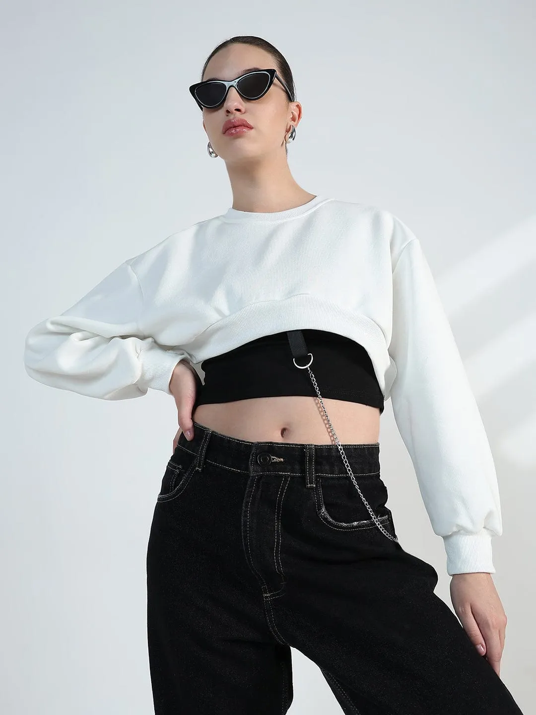 Women's White Crop Sweatshirt with Chain Detail Designer right for travel
