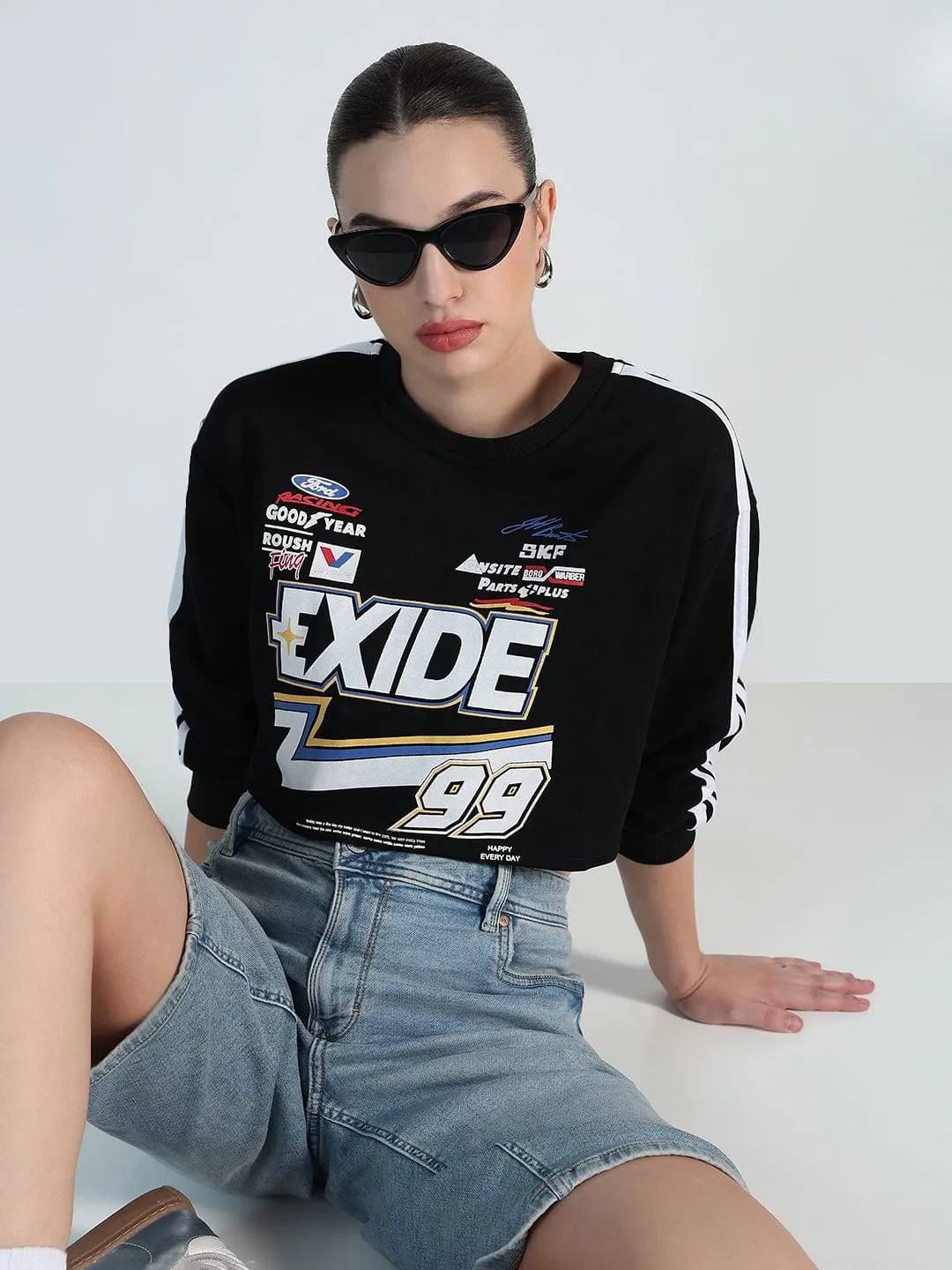 Women's Black Motorsport Oversized Crop Sweatshirt Brand Reputation Festival wear