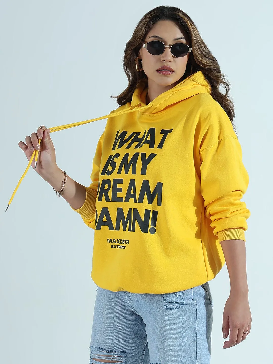 Warm Layering Comfy Hoodie Women's Typography Printed Yellow Oversized Hoodie