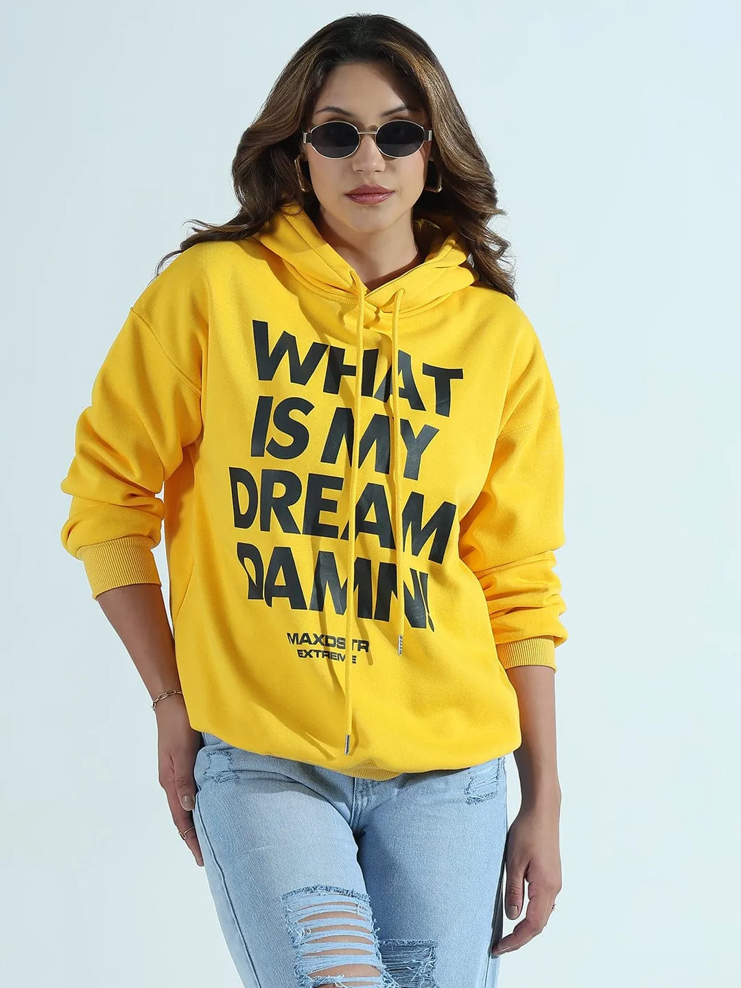 Premium Style Women's Typography Printed Yellow Oversized Hoodie