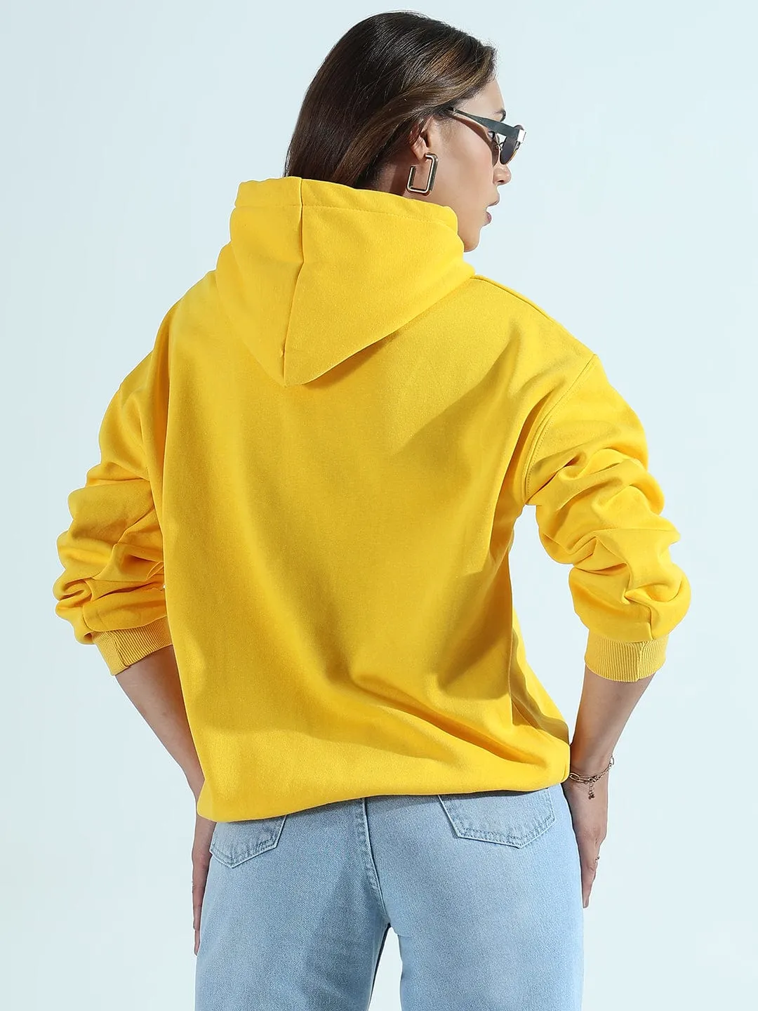 Women's Typography Printed Yellow Oversized Hoodie stud accents