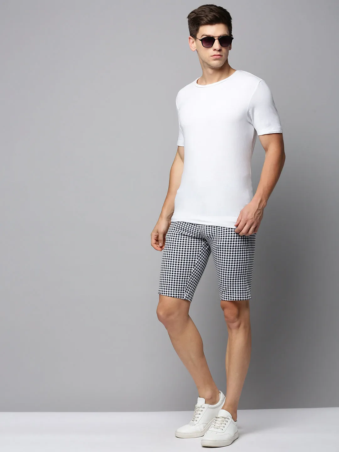 Men's Grey Regular Fit Checked Cotton Shorts Urban Style