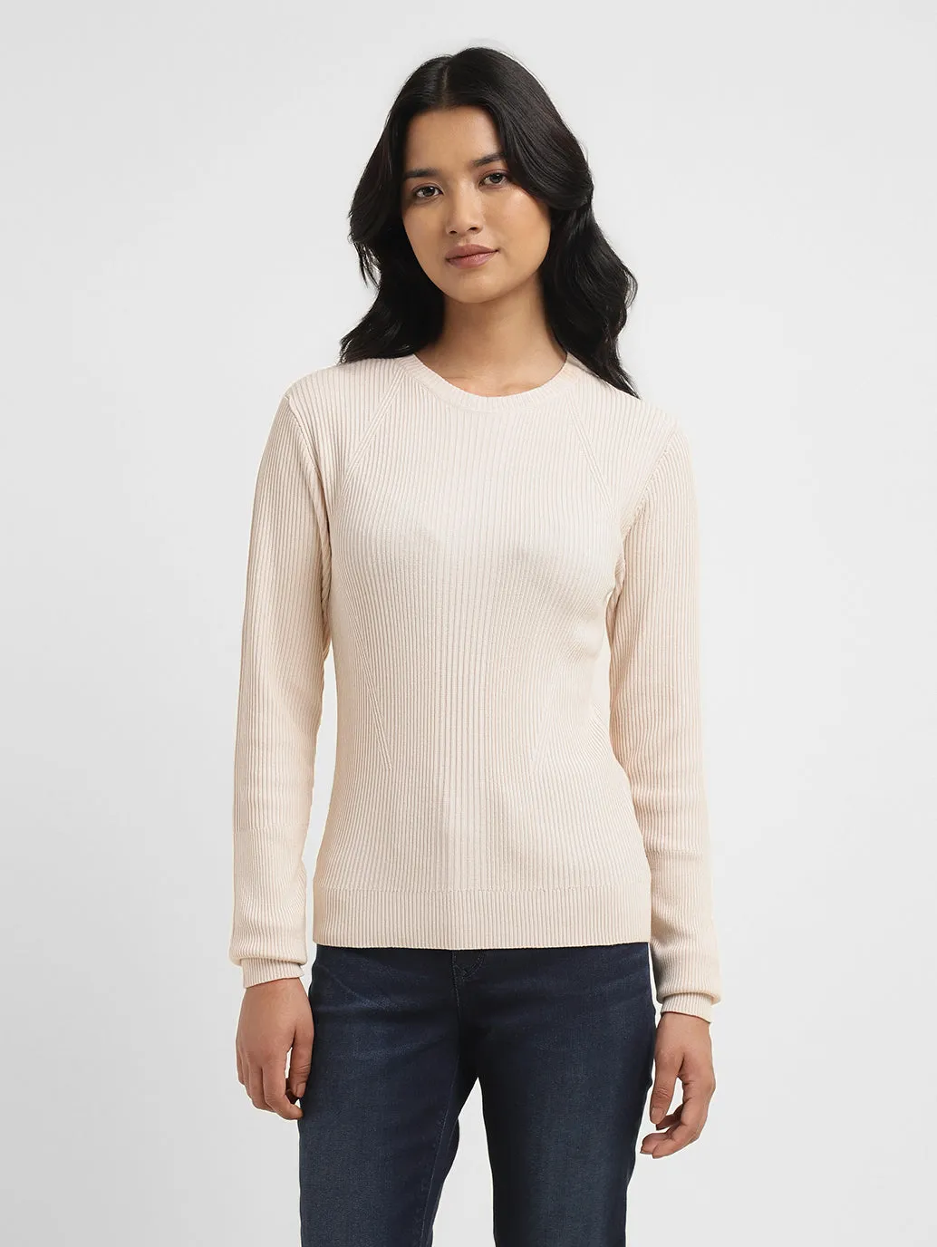 Biodegradable material Women's Self Design Beige Crew Neck Sweater
