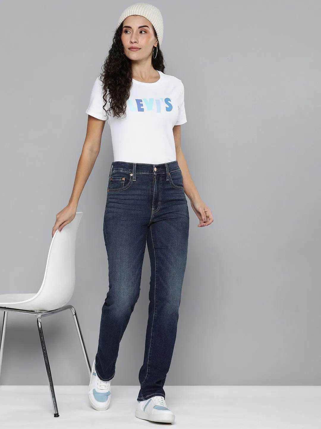 Women's 724 Blue Straight Fit High Rise Jeans Loose Textured Travel Outfit Anti Slip Belt Loops