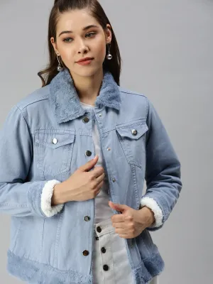 Women's Mock Collar Solid Blue Denim Jacket Thermal Core Technology