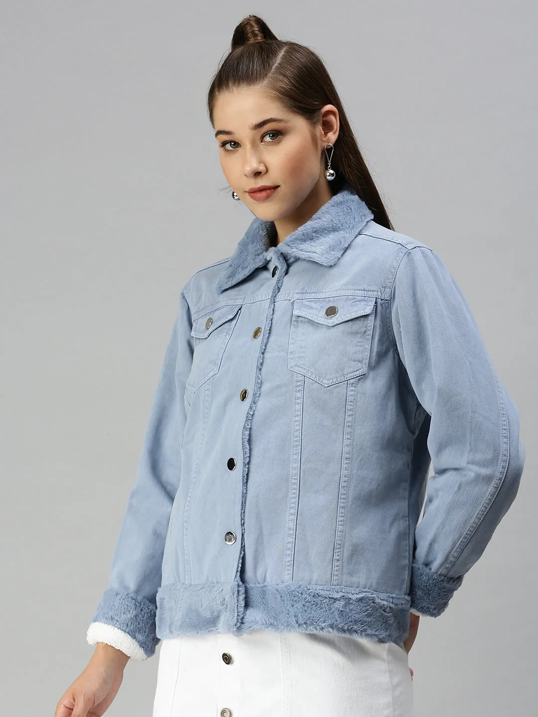 Go To Layer Women's Mock Collar Solid Blue Denim Jacket