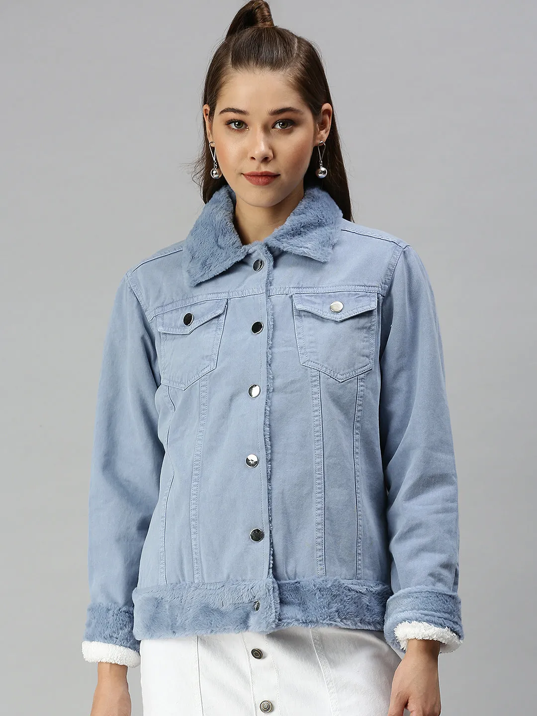 Reinforced Seam Durability Women's Mock Collar Solid Blue Denim Jacket