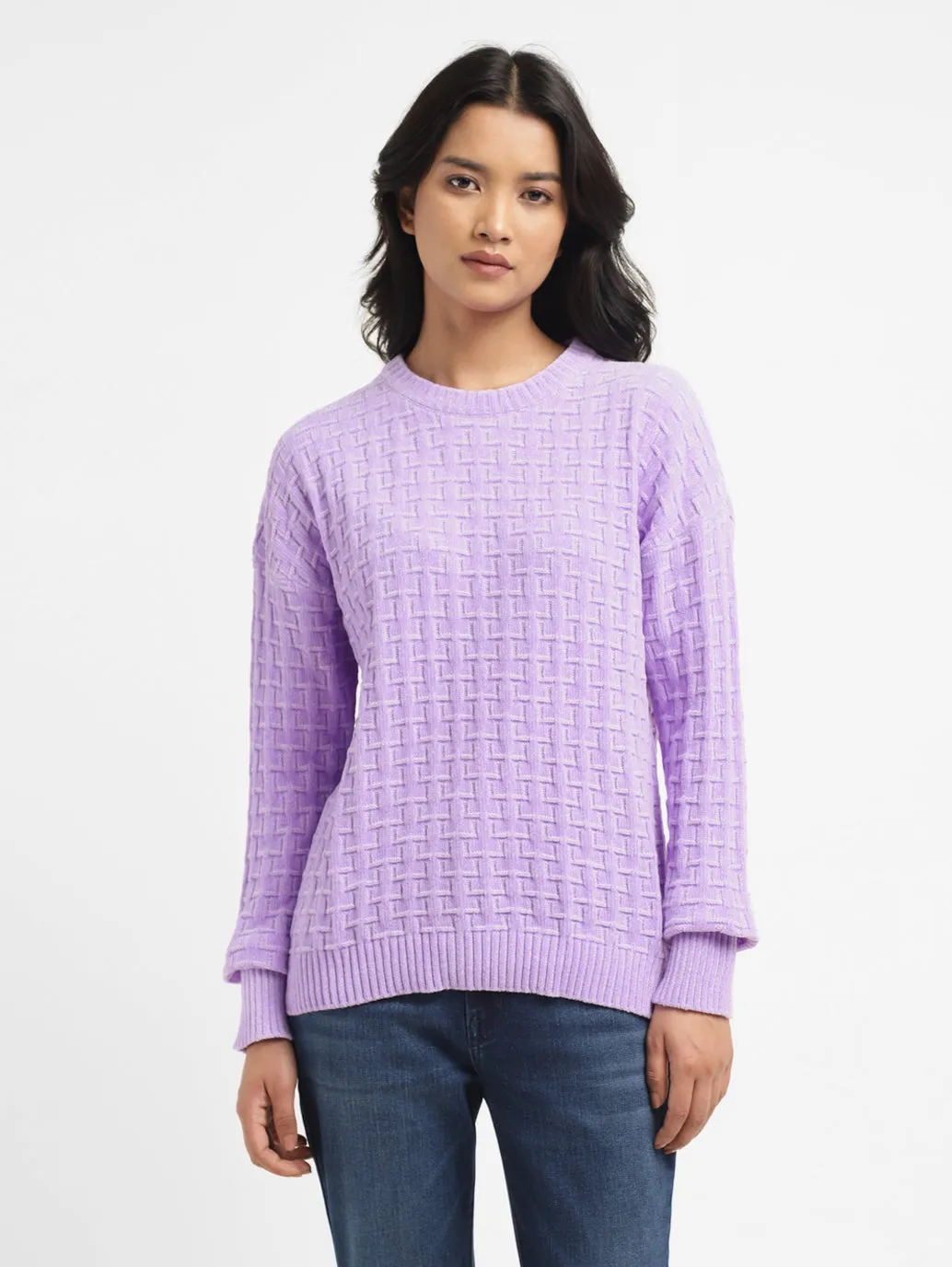 Women's Textured Purple Crew Neck Sweater Textured Slub Yarn