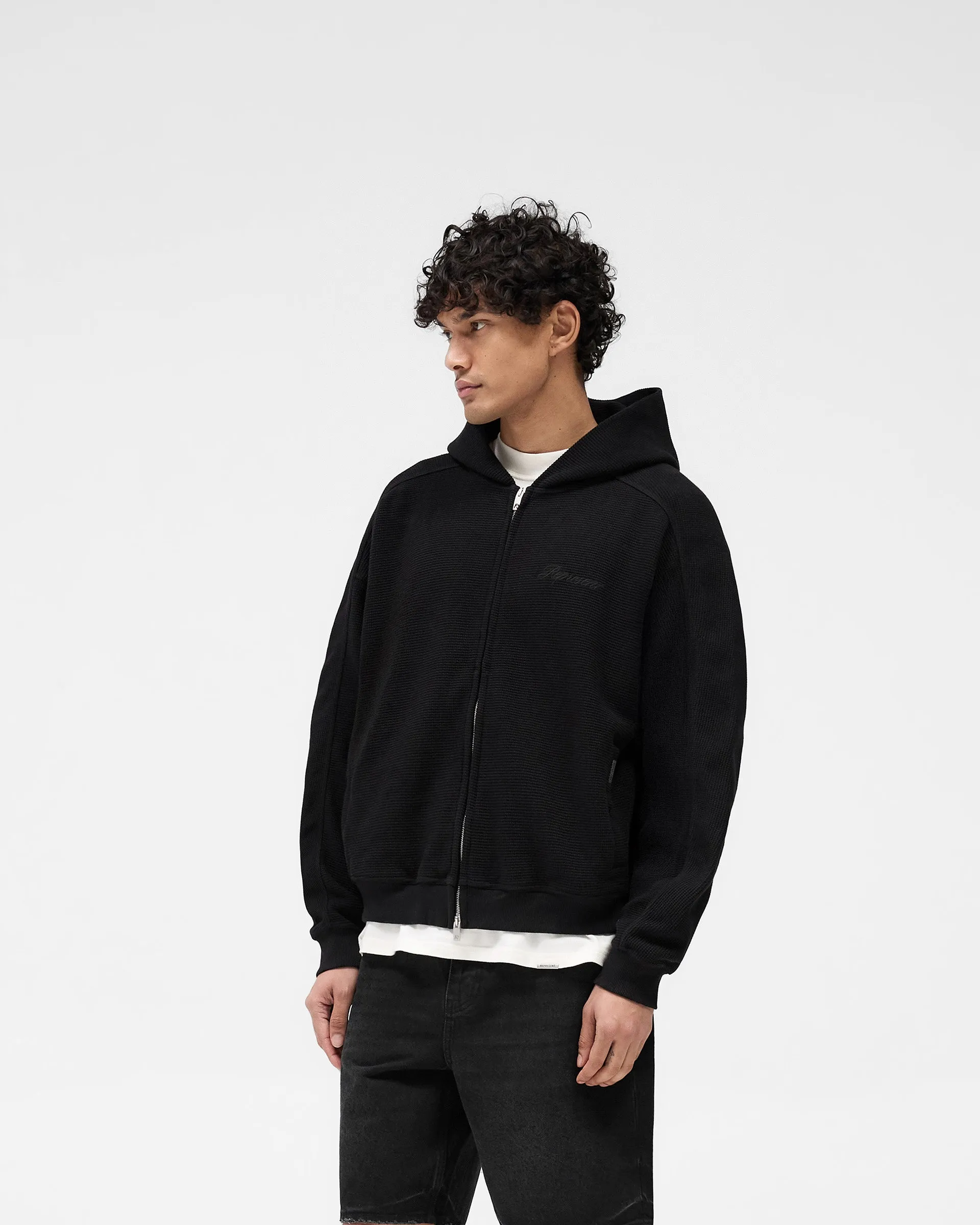Long Sleeves Waffle Zip Through Hoodie - Jet Black