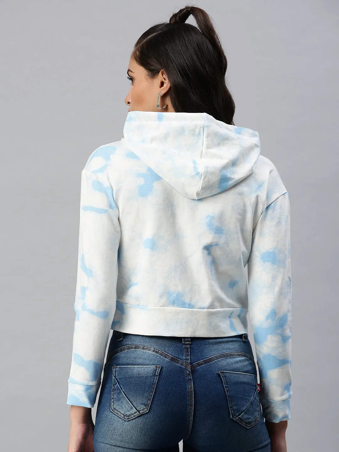 Women's White Printed Hooded Crop Sweatshirt Versatile Outfit Comfort Layer