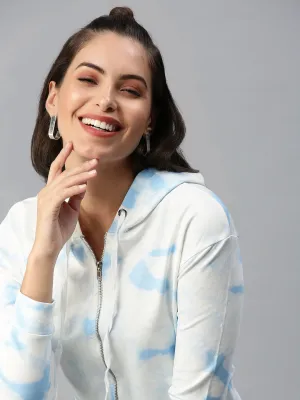 No pockets Women's White Printed Hooded Crop Sweatshirt