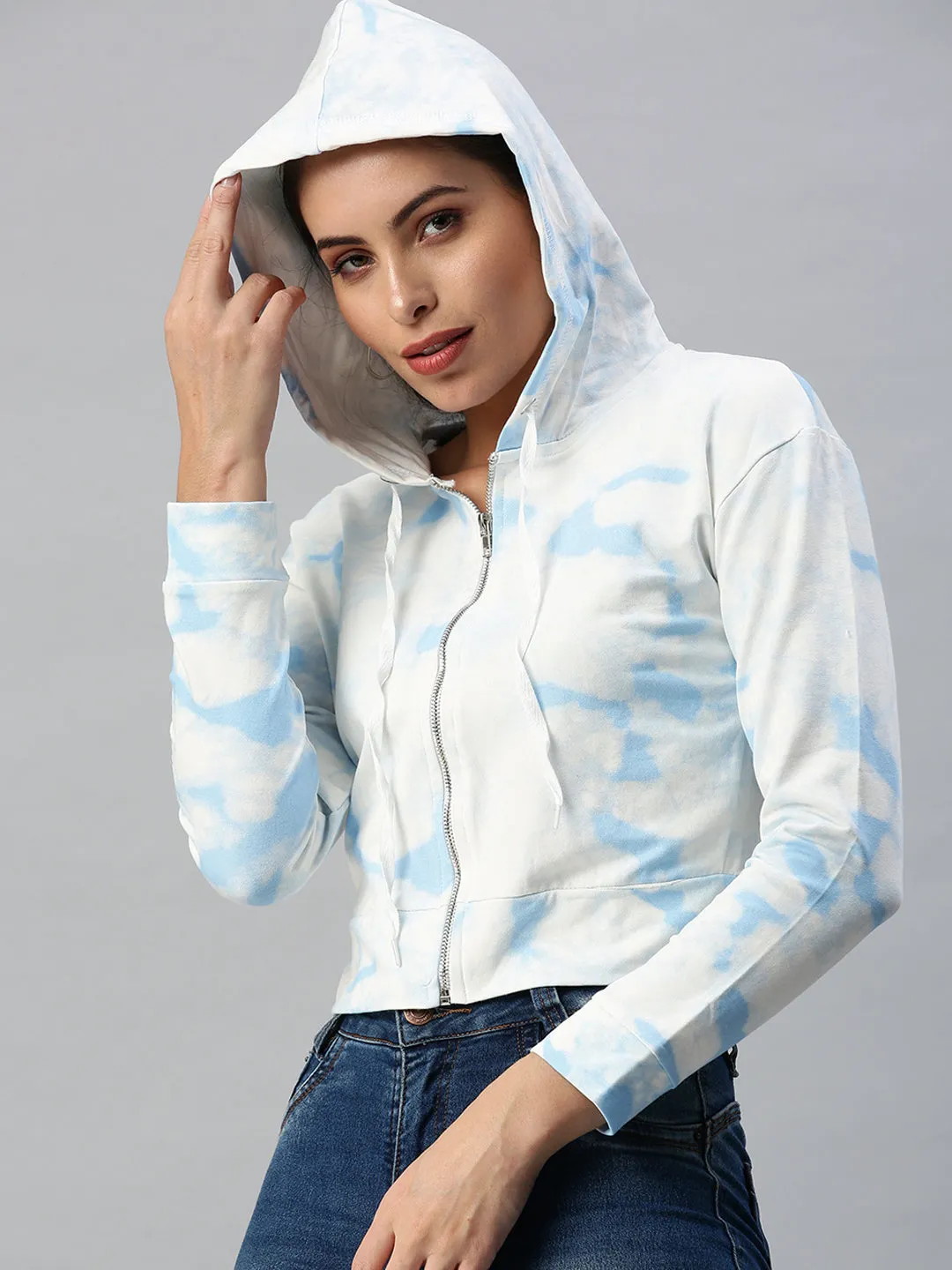 Women's White Printed Hooded Crop Sweatshirt All-Weather Wear product festival wear fun