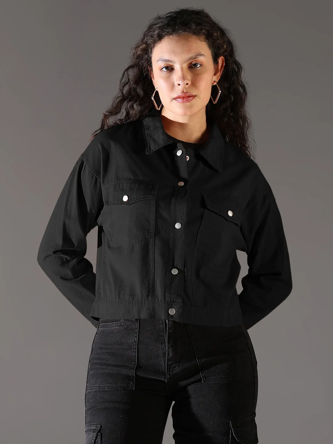Women's Black Denim Jacket with Chest Pockets Snow Block