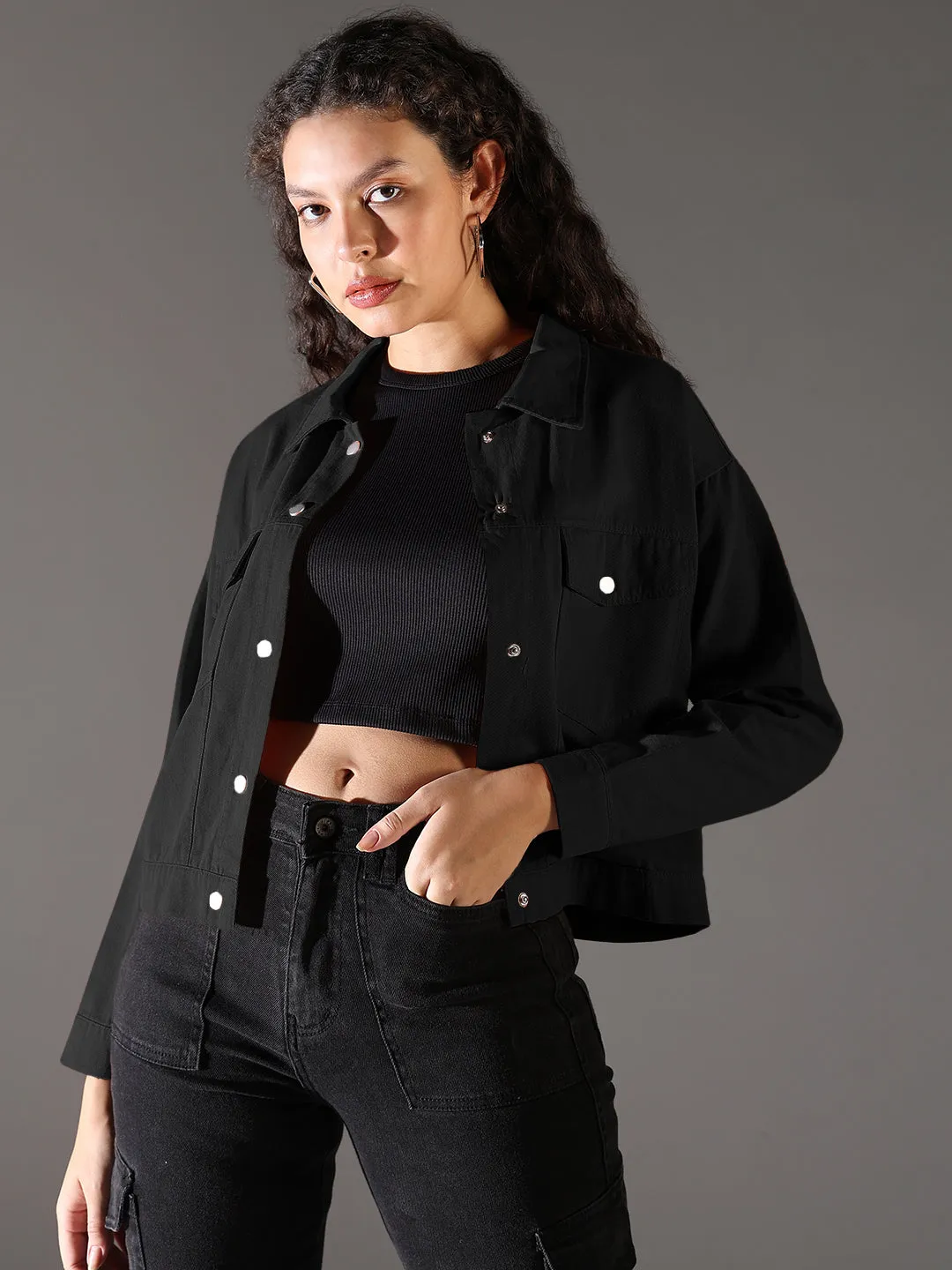 Women's Black Denim Jacket with Chest Pockets Eco Friendly Construction TearResistantOuter