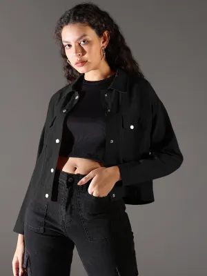 Women's Black Denim Jacket with Chest Pockets Eco Friendly Construction TearResistantOuter