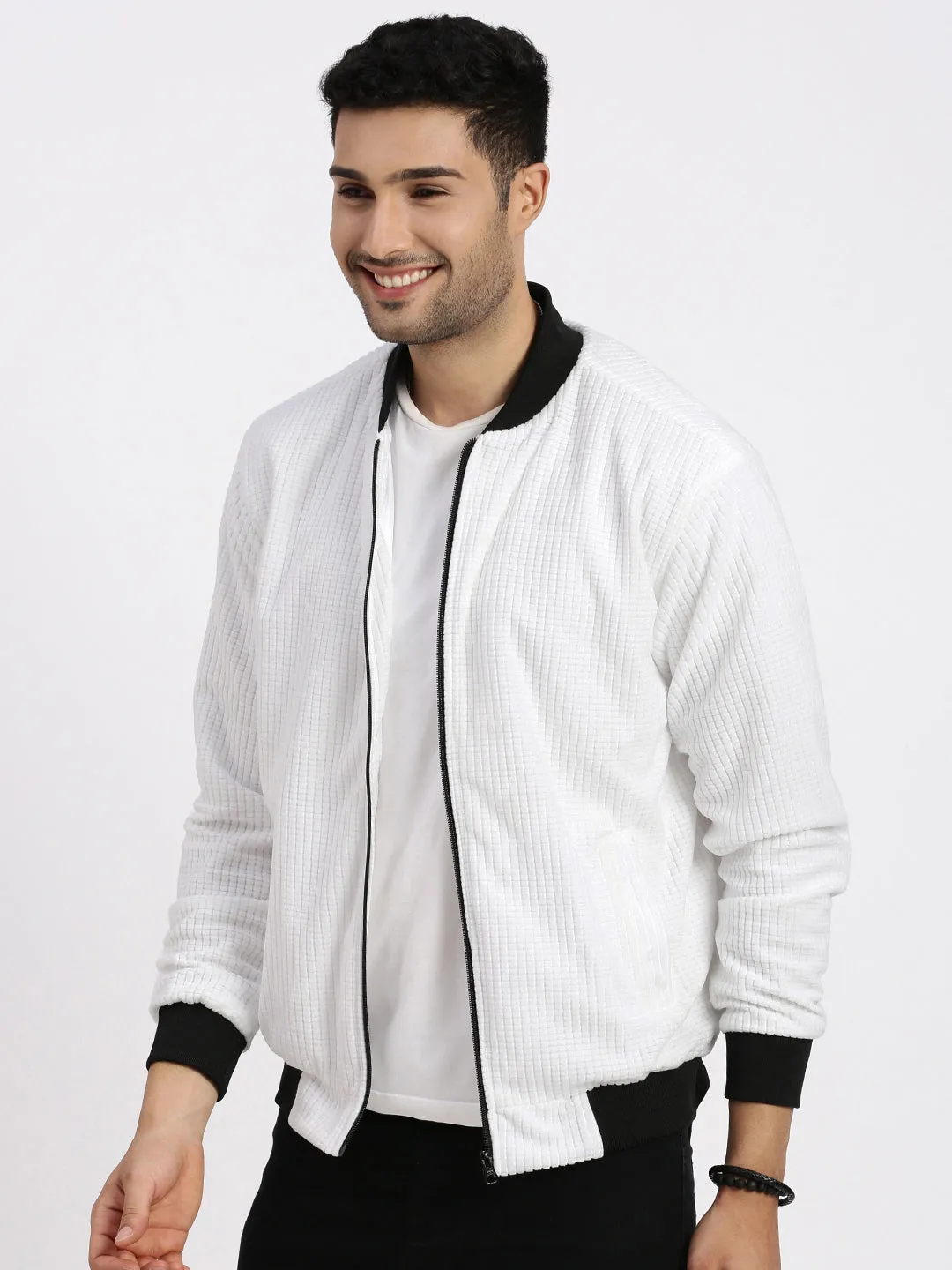 Weekend Casual Double Layered Men's White Windcheater Bomber Jacket
