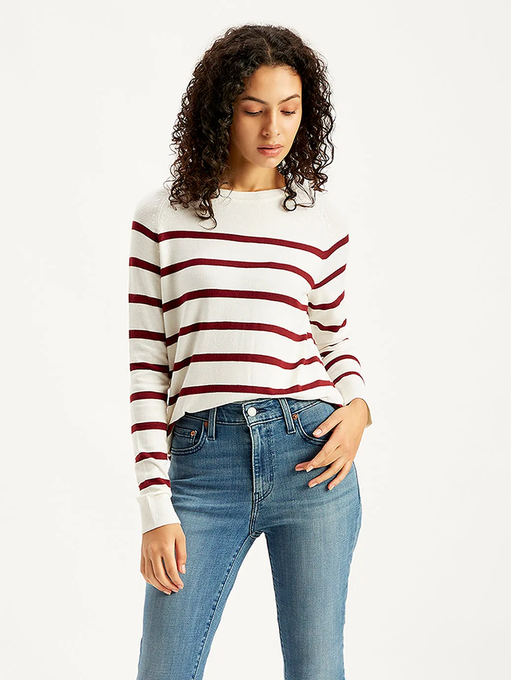 Layered Cuff Women's Striped White Crew Neck Sweater