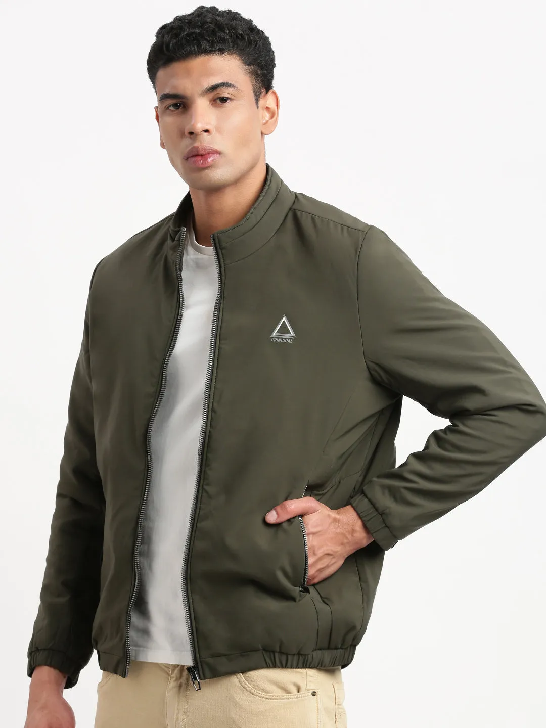 Wrinkle Free Texture MultiPocket Configuration Men's Mock Collar Solid Olive Casual Bomber Jacket