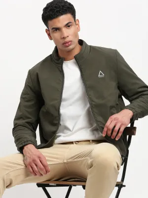 Hidden Ventilation Thick Insulation Men's Mock Collar Solid Olive Casual Bomber Jacket