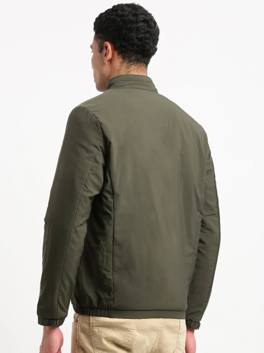 Men's Mock Collar Solid Olive Casual Bomber Jacket Layer Friendly Shape