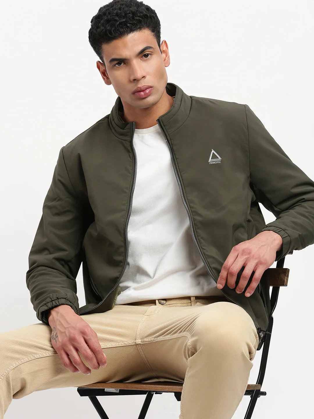 Hidden Ventilation Thick Insulation Men's Mock Collar Solid Olive Casual Bomber Jacket