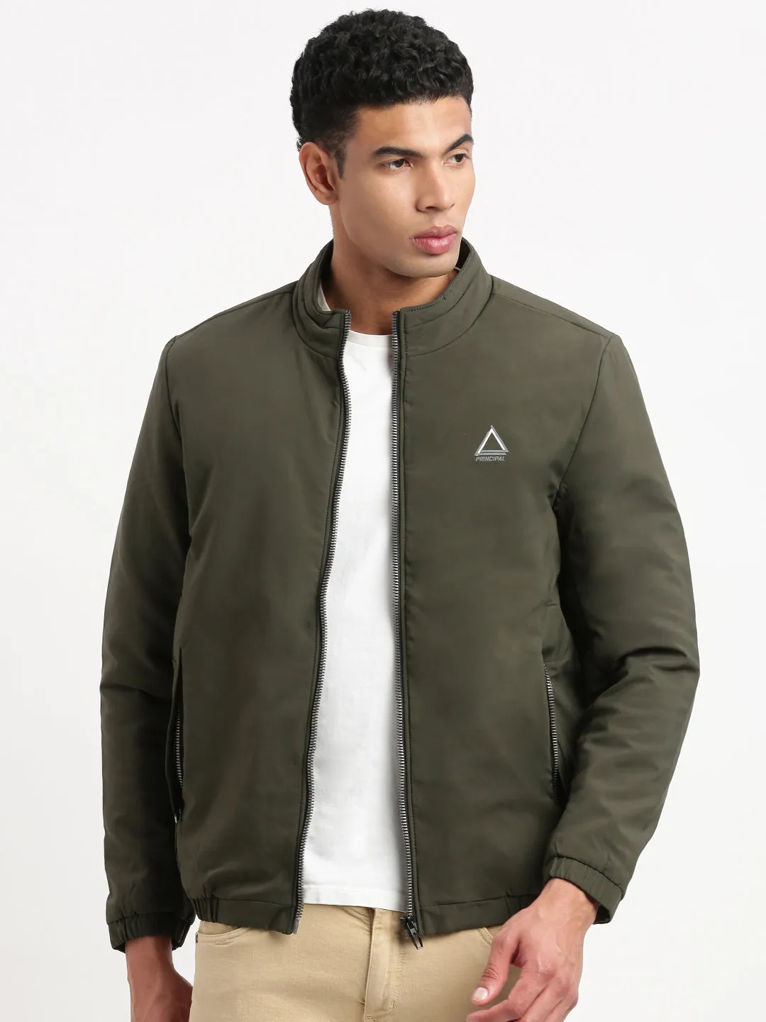 Men's Mock Collar Solid Olive Casual Bomber Jacket Fringe Detail