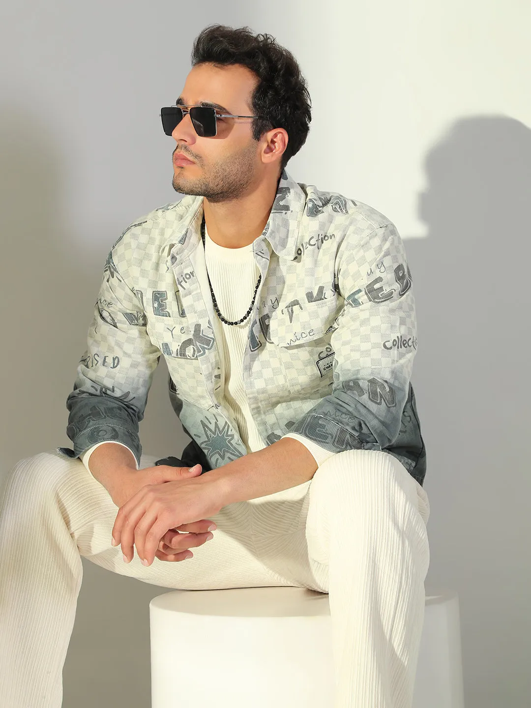 Multi Directional Stretch Cool Vibes Men's Typography Cream Shacket