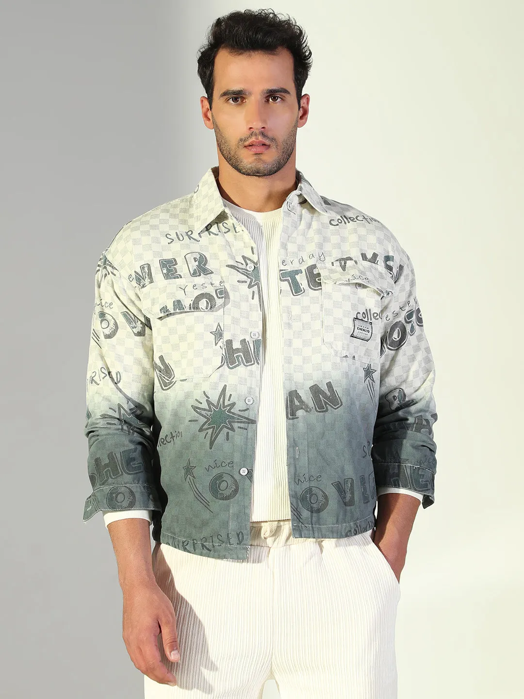Men's Typography Cream Shacket Fresh Outfit