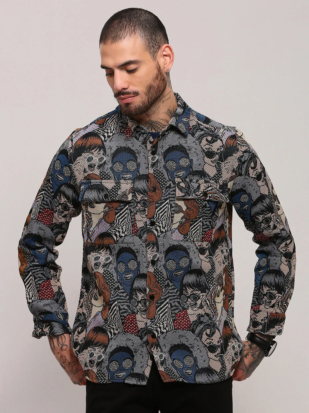 Men's Grey Graphic Printed Shacket Yarn Dyed Stripes