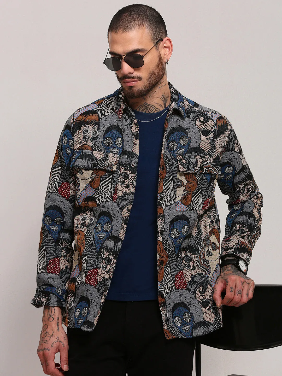 Men's Grey Graphic Printed Shacket Everyday Comfort Anti Pilling Fabric