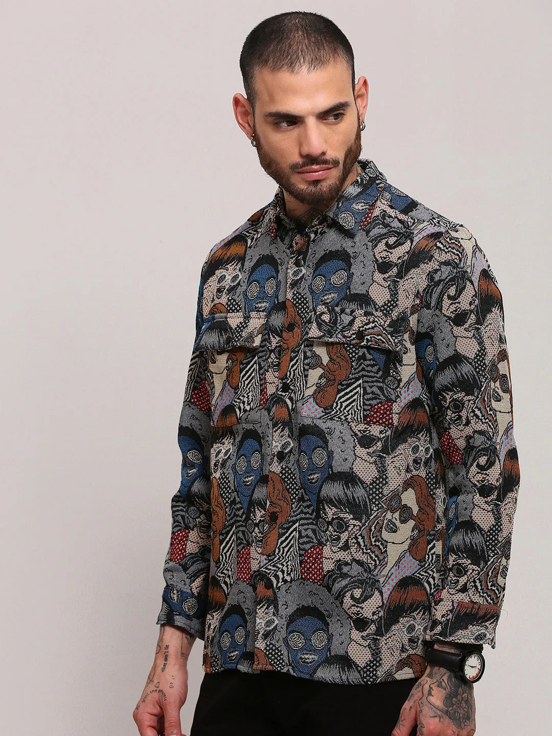 Non Iron Fabric Men's Grey Graphic Printed Shacket