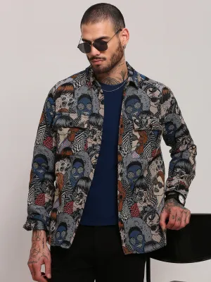 Men's Grey Graphic Printed Shacket Everyday Comfort Anti Pilling Fabric