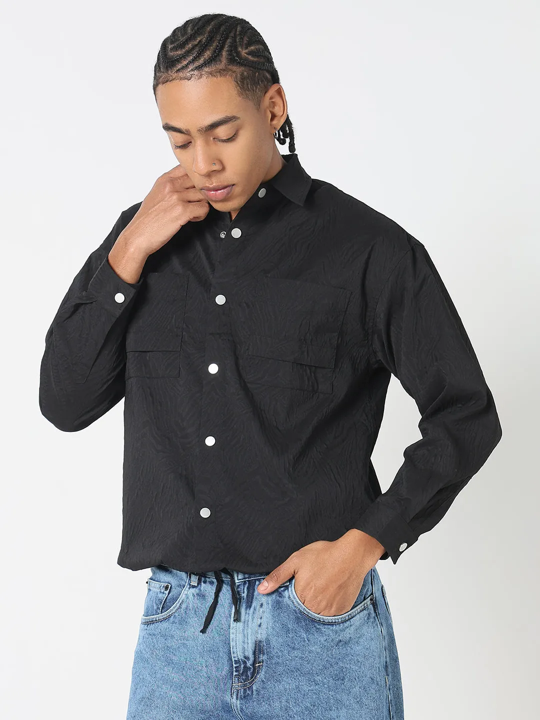 Men's Solid Black Shacket Light Flex Fit Light Wear