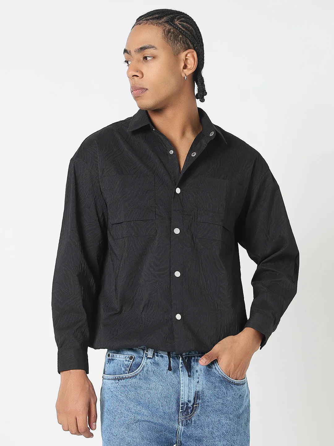 Minimalist Design Men's Solid Black Shacket