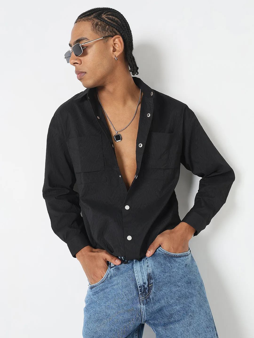 Men's Solid Black Shacket Comfy Layering