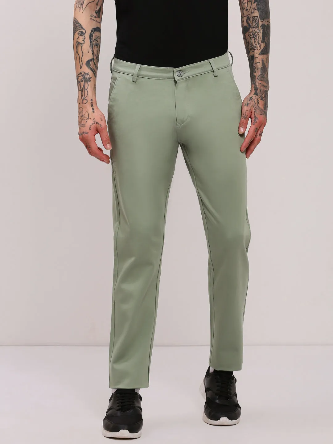 Men's Green Solid Low-Rise Trousers Secure Waistband