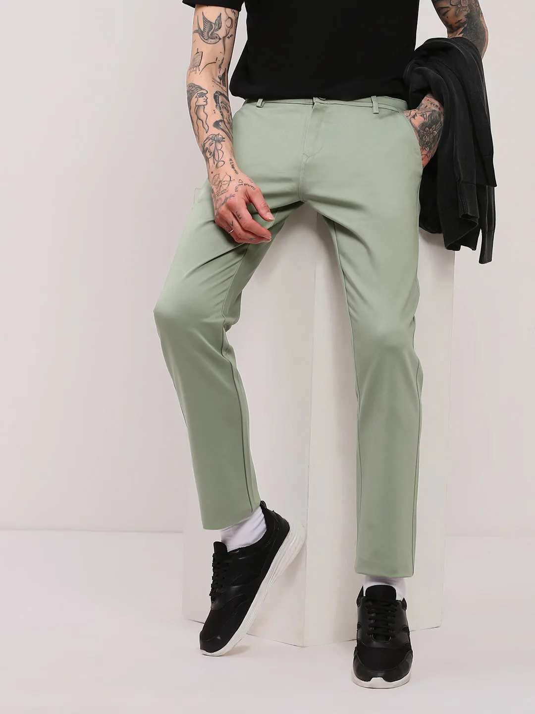Non Slip Waistband windproof Men's Green Solid Low-Rise Trousers