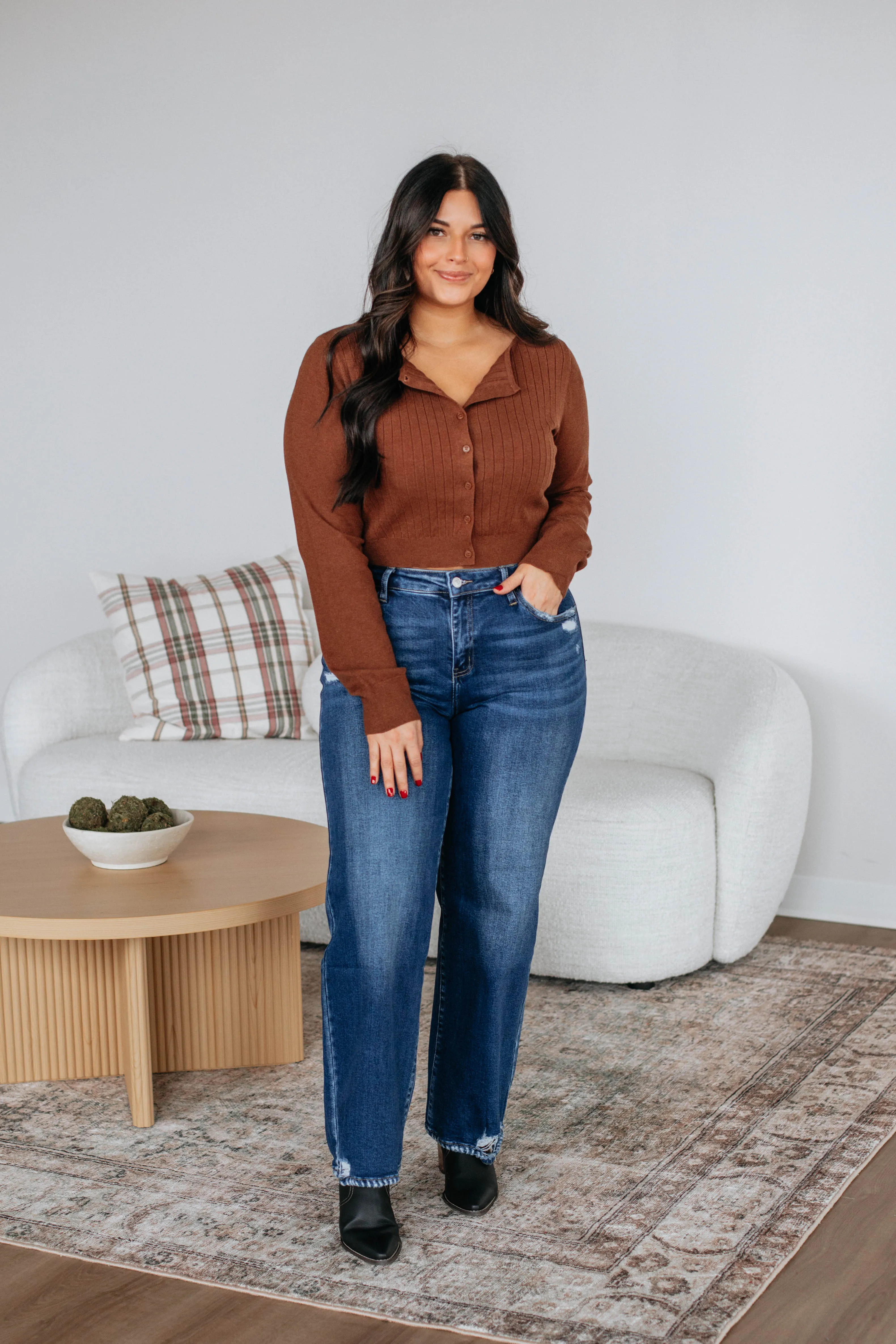 Duvall Ribbed Cardigan - Chocolate Minimal Comfort DoubleLayered Hem Technology