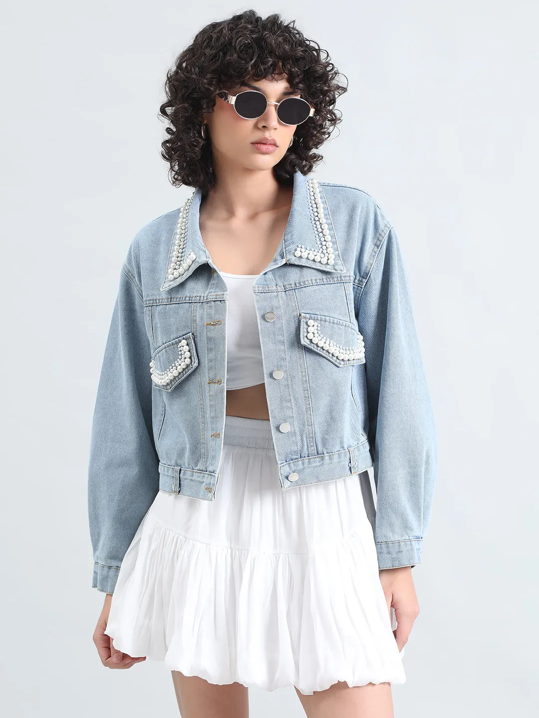 Non Restrictive Movement Cut Women's Embellished Blue Denim Jacket with Pearl Detail