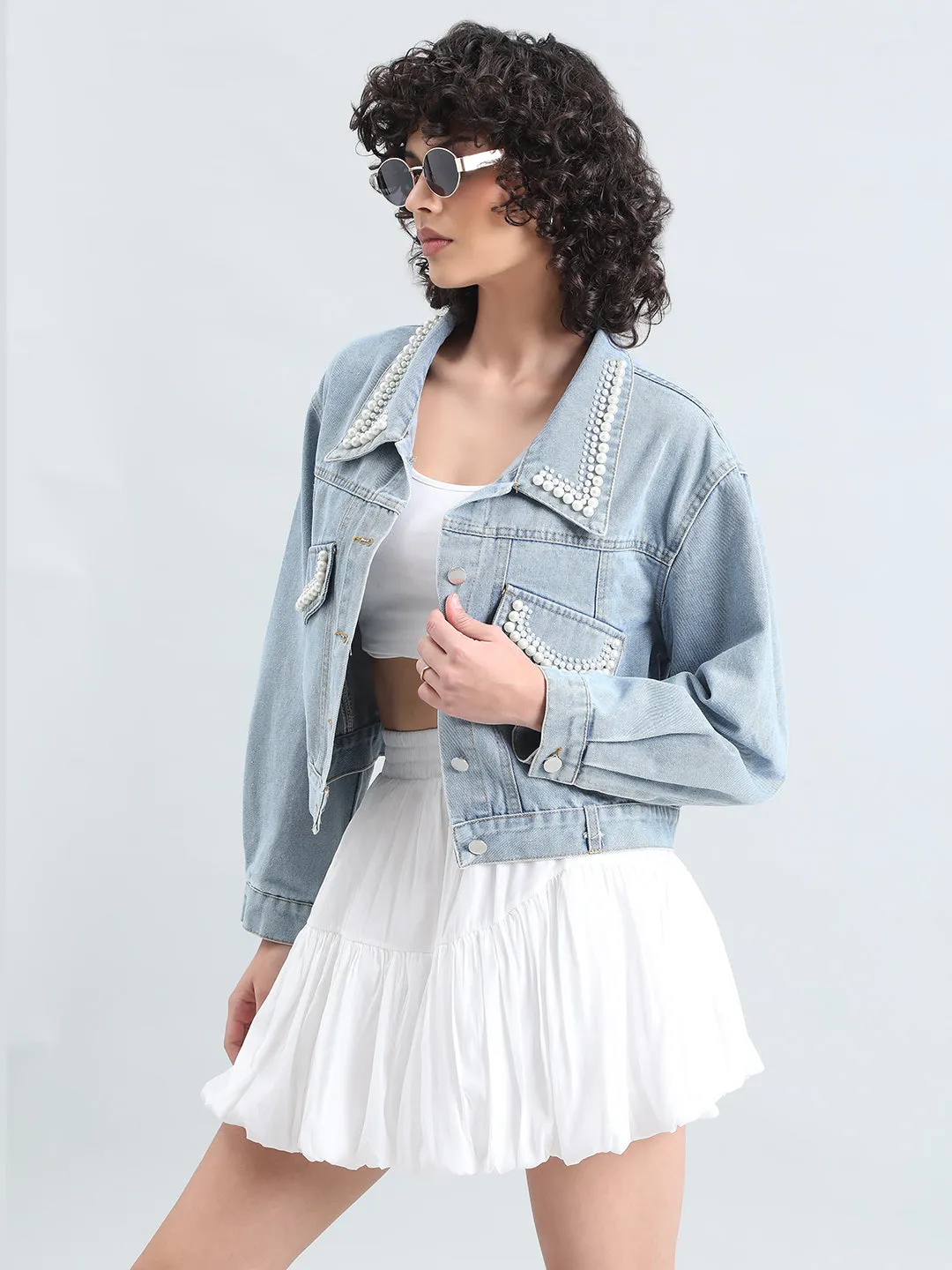 Women's Embellished Blue Denim Jacket with Pearl Detail Bold Statement Auxiliary Attachment Points