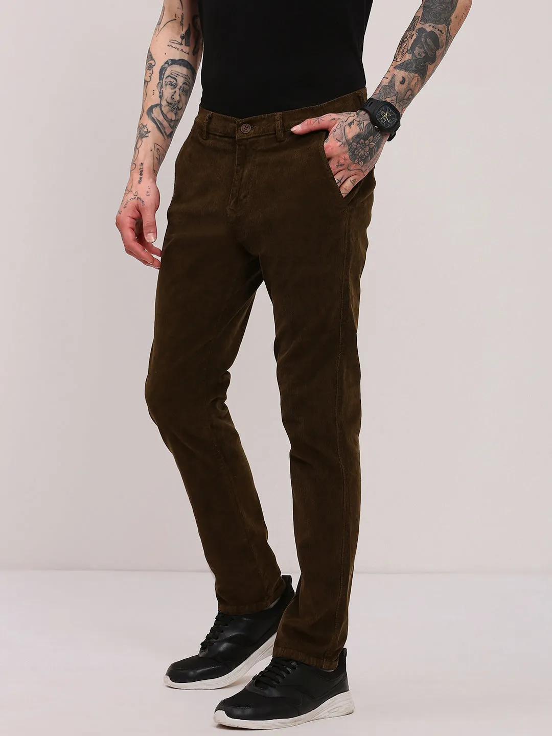 Breathable mesh design Body shaping Men's Brown Solid Trousers