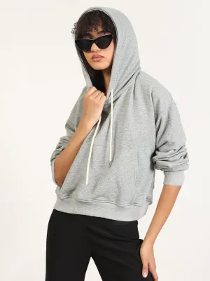 product metallic glamour Simple Comfort Women's Grey Hooded Solid Oversized Sweatshirt