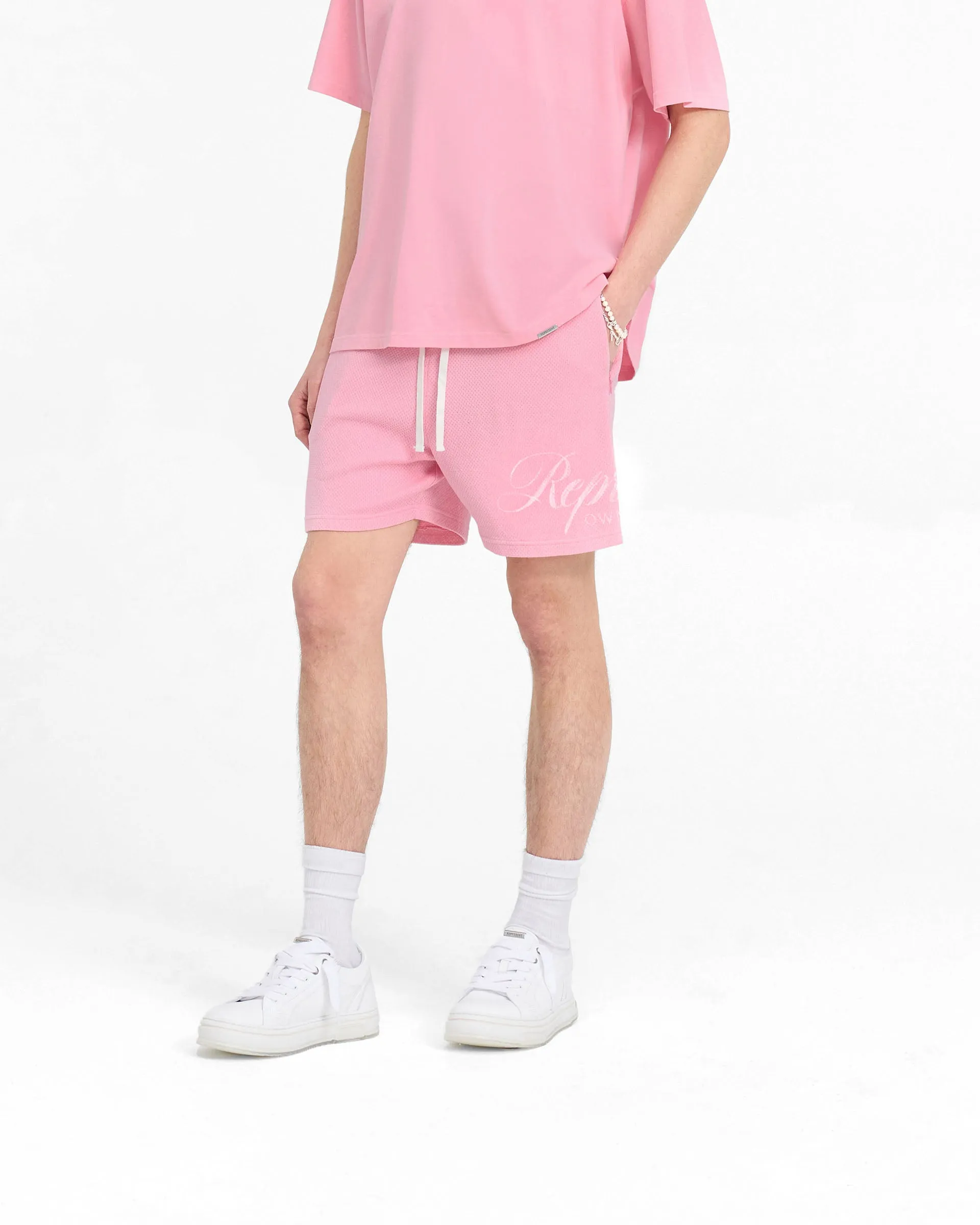 Summer Comfort Represent Owners Club Script Mesh Shorts - Pink