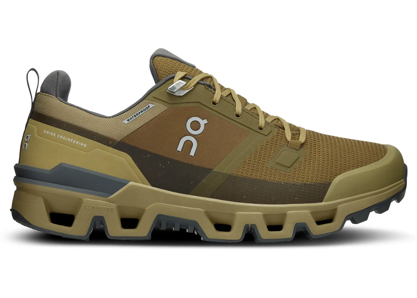 running in a waterfall area shoes wide - toe - box On Running Cloudwander Waterproof Hunter Safari