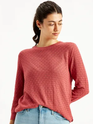 Women's Self Design Red Crew Neck Sweater Lightweight Weave