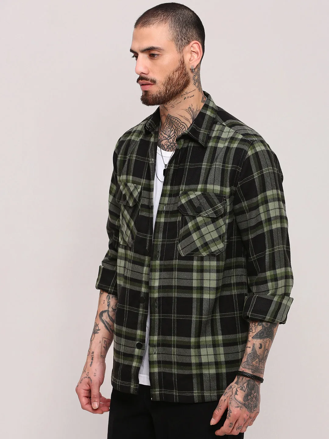 ColorfastFabricTech Men's Green Checked Relaxed Fit Casual Shacket