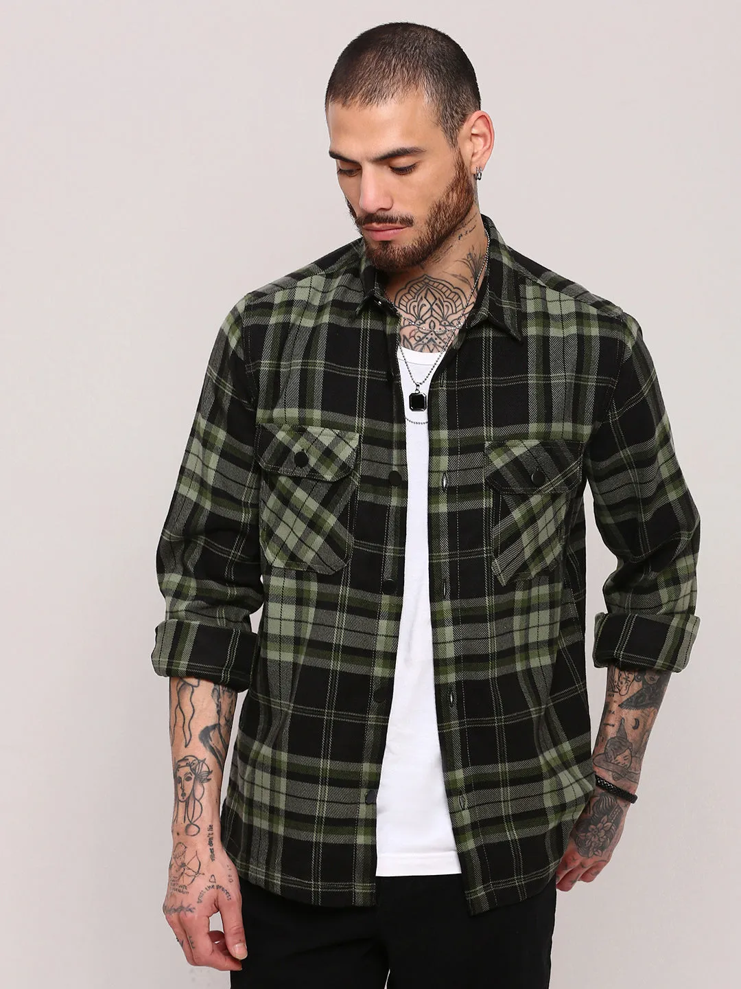 Stretch Wear AllSeasonWear Men's Green Checked Relaxed Fit Casual Shacket
