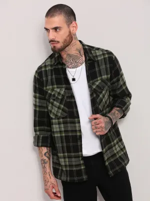 Men's Green Checked Relaxed Fit Casual Shacket Soft Fit Wear Relaxed Torso Fit